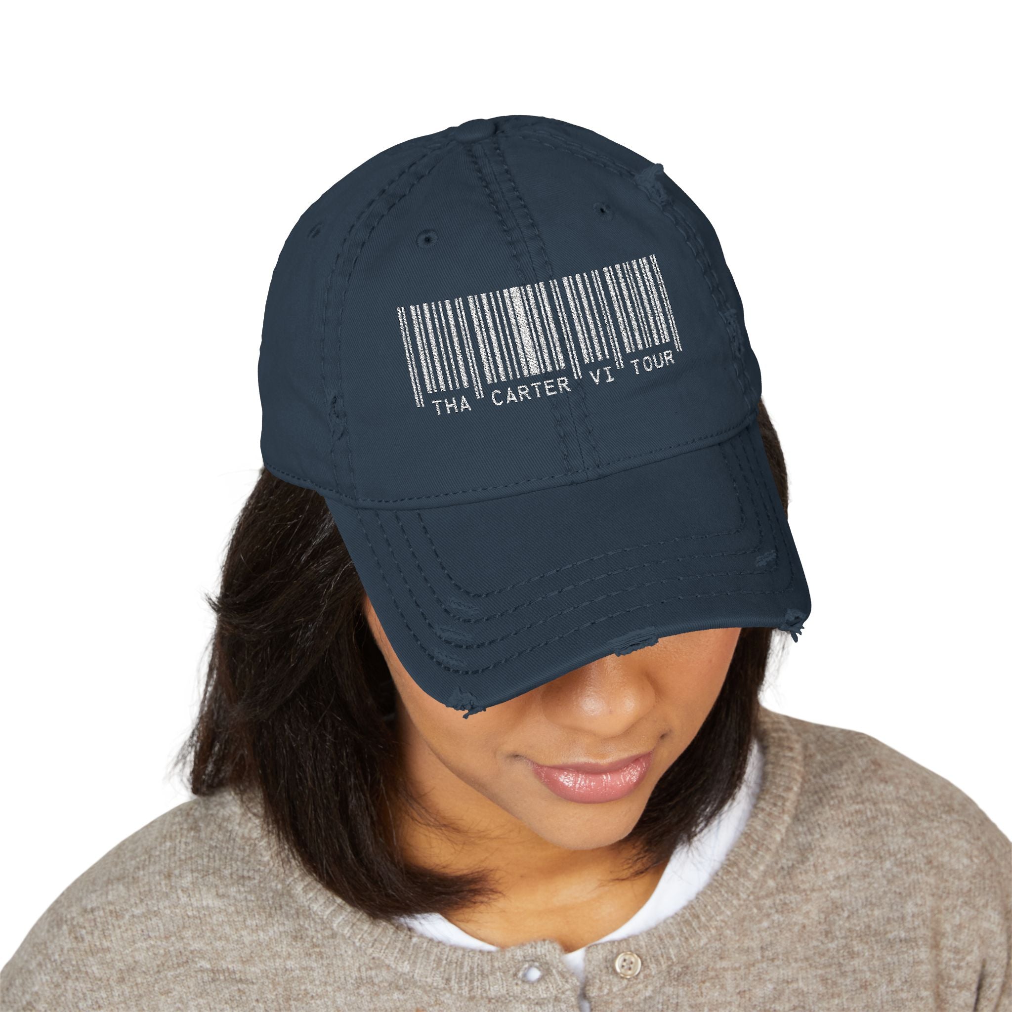 Weezy Fan Inspired Carter Tour Bar Code Distressed Dad Hat (Embroidery)