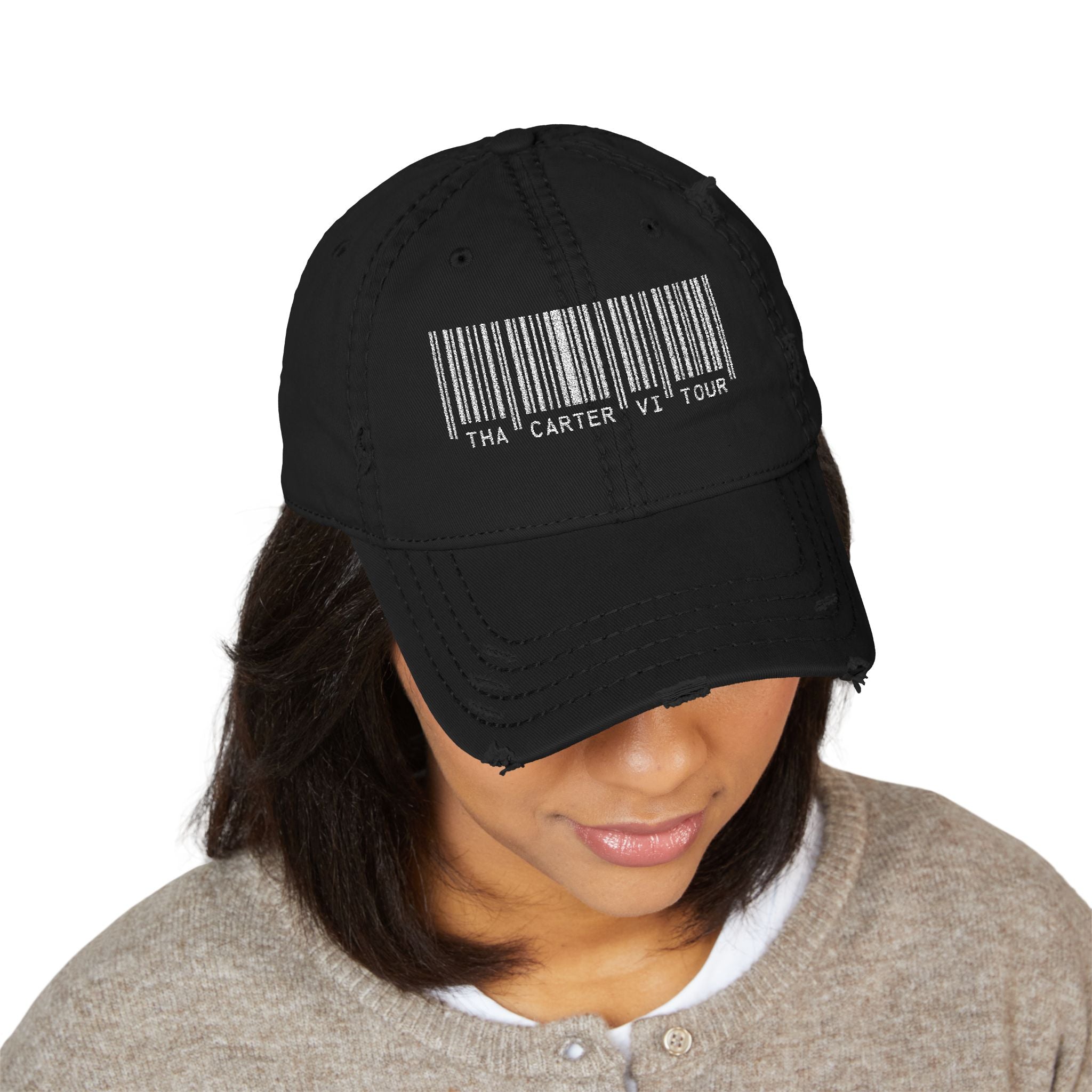 Weezy Fan Inspired Carter Tour Bar Code Distressed Dad Hat (Embroidery)